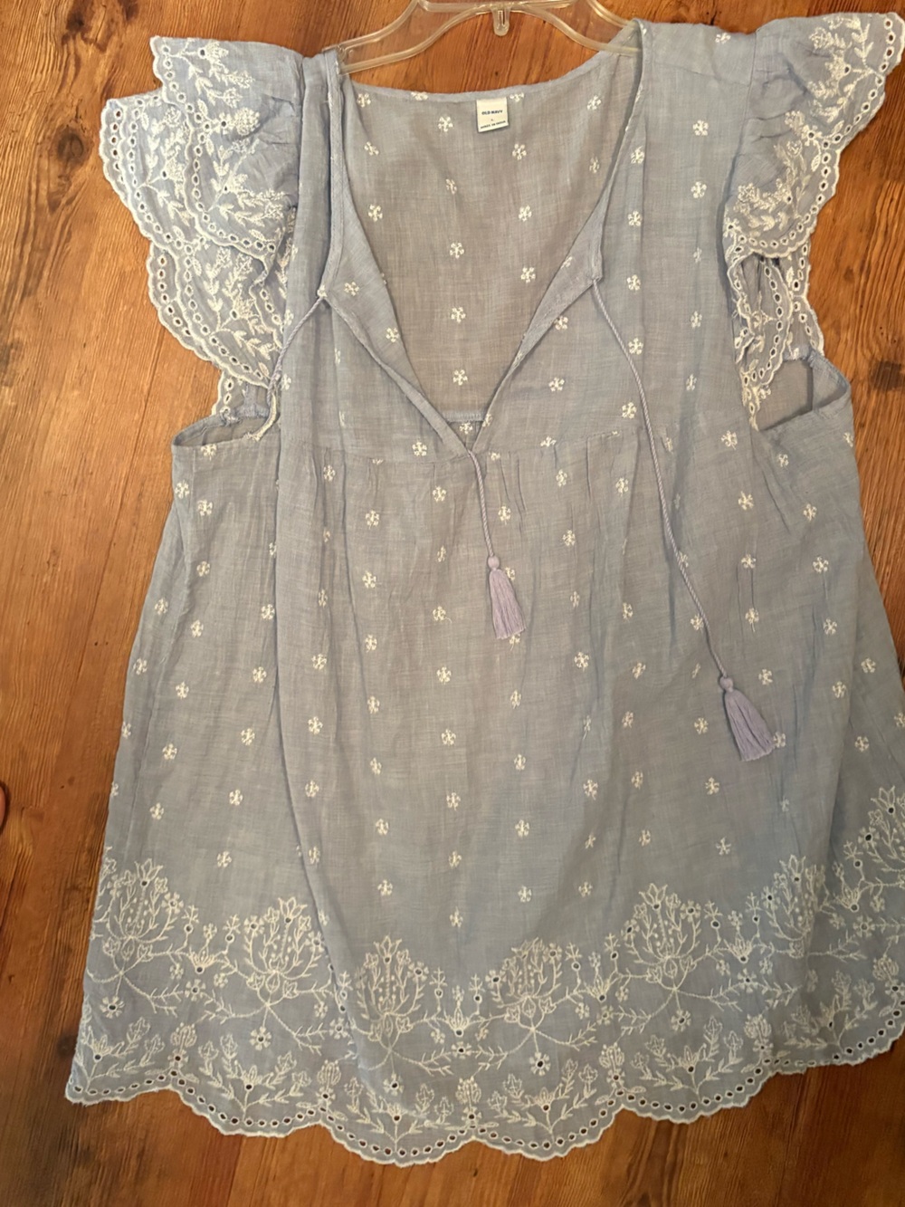 Old Navy Light Blue Embroidered Lace-Trim Chemise with Tassels